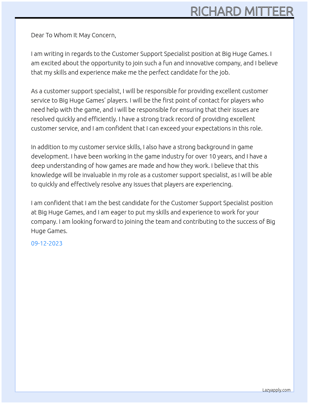 Customer Support Specialist At Big Huge Games Cover Letter