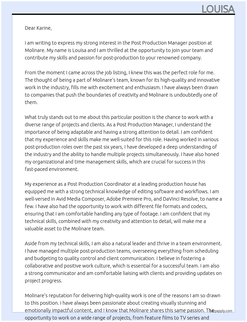 Post Production Manger At Molinare Cover Letter
