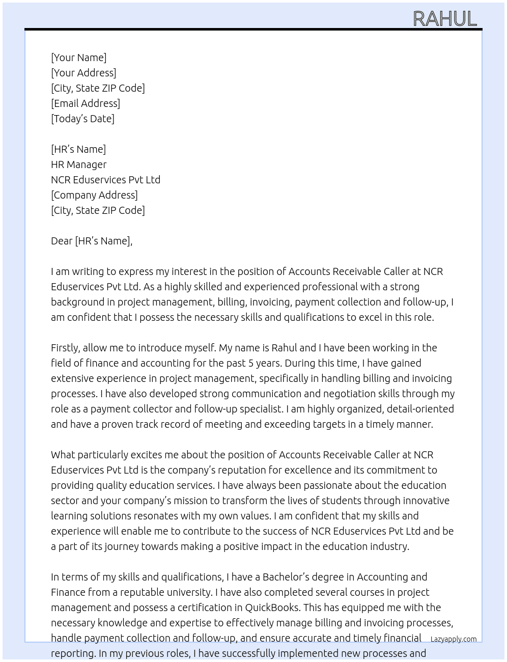 Accounts Receivable Caller At NCR Eduservices Pvt Ltd Cover Letter