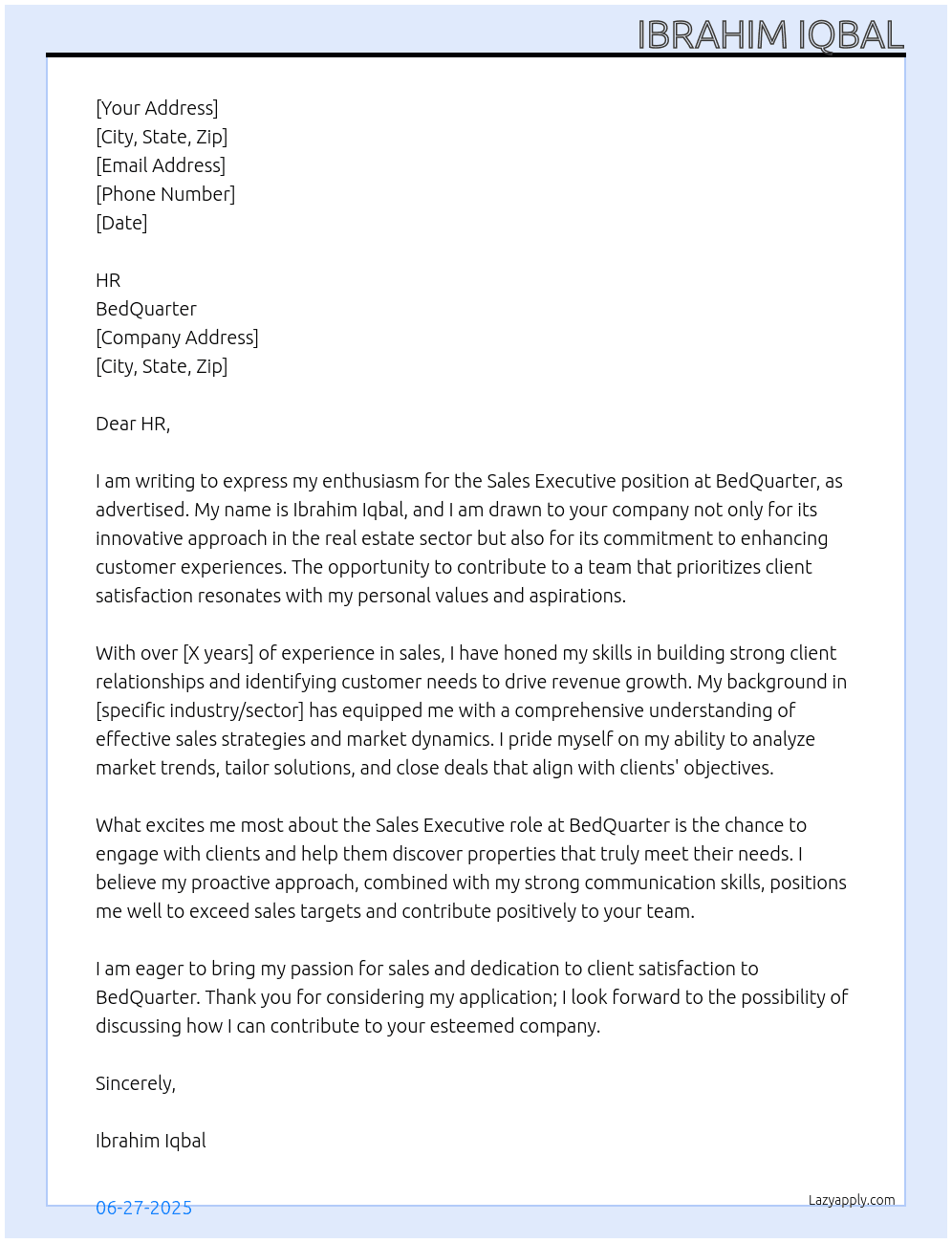 Sales Executive At BedQuarter Cover Letter