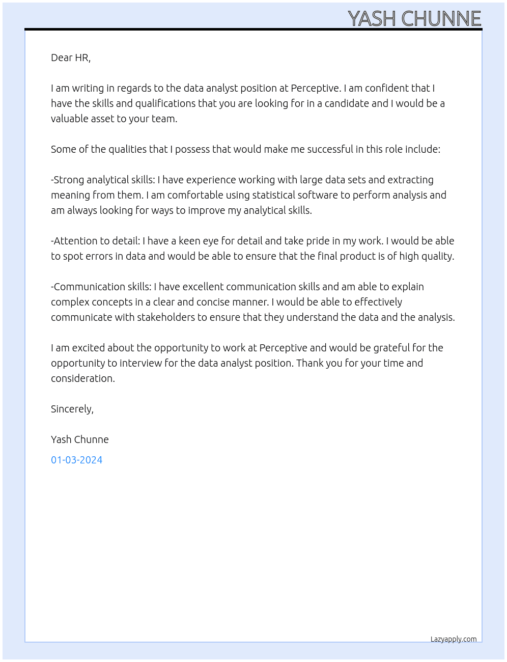 Data analyst  At perceptive Cover Letter