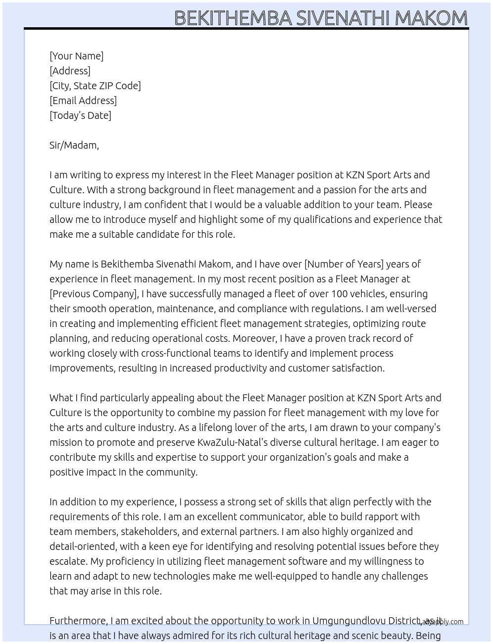  Fleet Manager  At KZN SPORT ARTS AND CULTURE Cover Letter