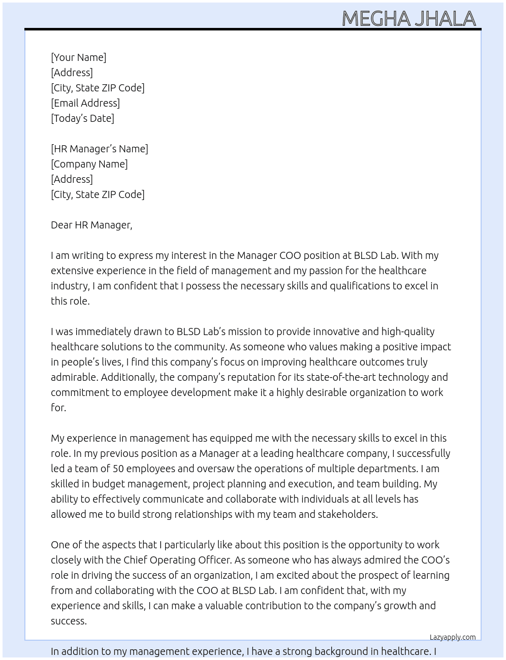 Manager coo At BLSD lab Cover Letter