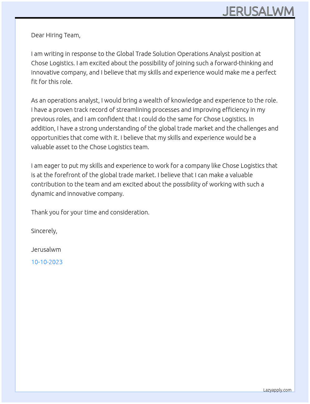 Global Trade Solution, Operations Analyst At Chose Logistics  Cover Letter