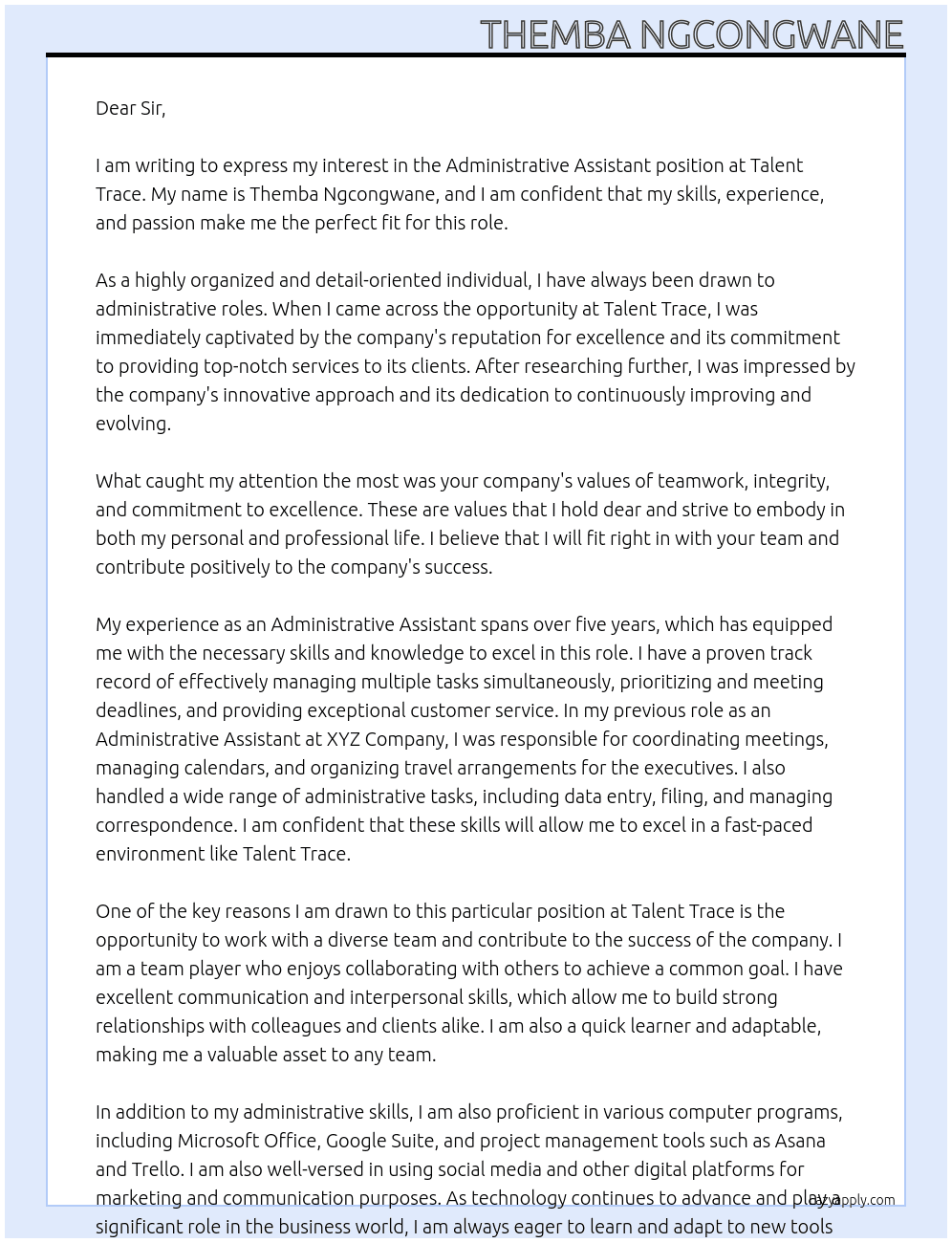 ADMINISTRATIVE ASSISTANT At TALENT TRACE Cover Letter