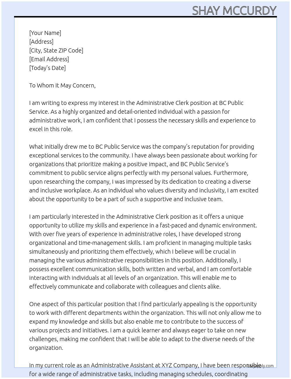 Administrative Clerk At BC Public Service Cover Letter