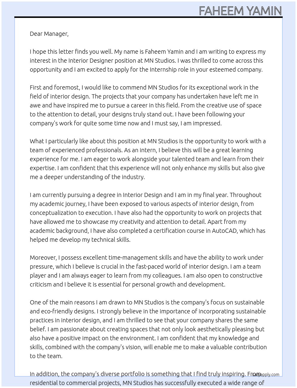 Interior Designer At MN STUDIOS Cover Letter