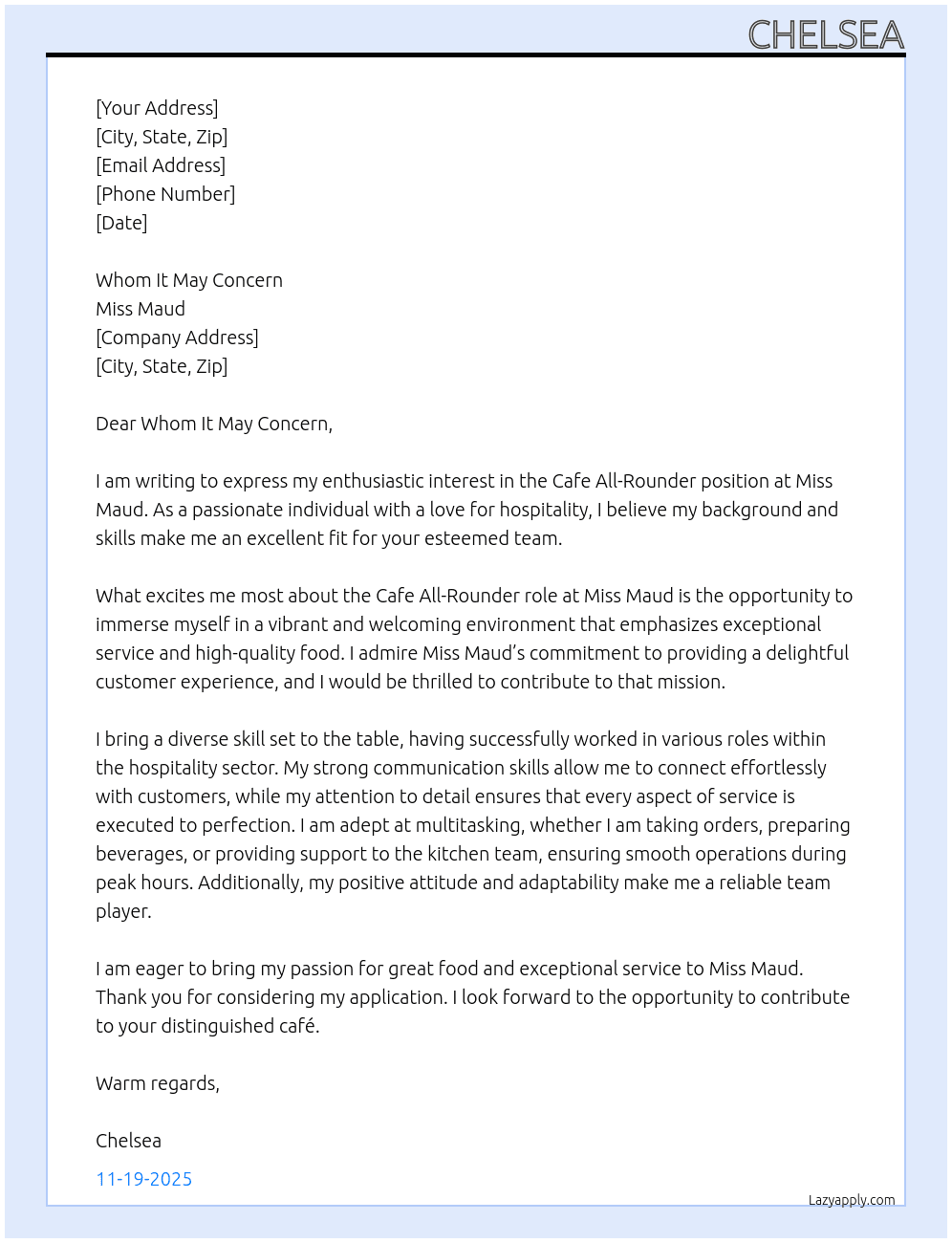 Cafe All-Rounder At Miss Maud Cover Letter