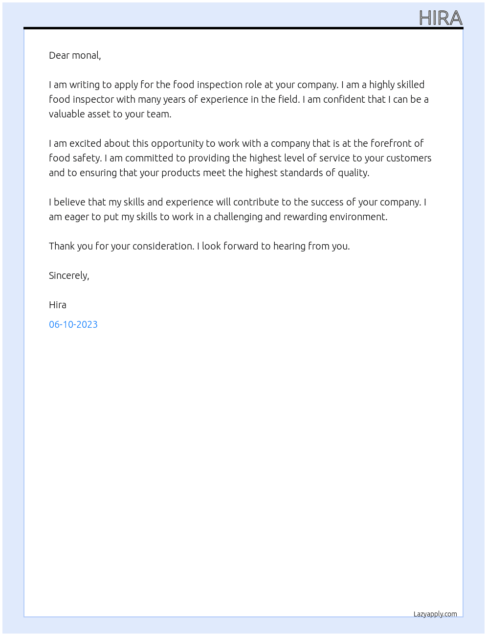 food inspection At monal Cover Letter