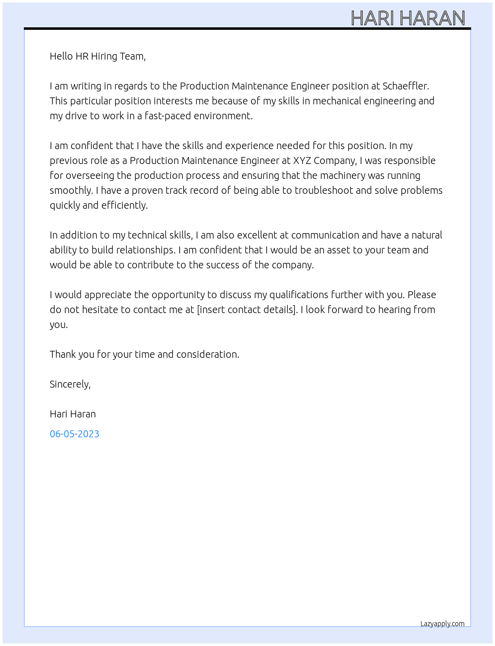Production Maintenance Engineer  At Schaeffler  Cover Letter