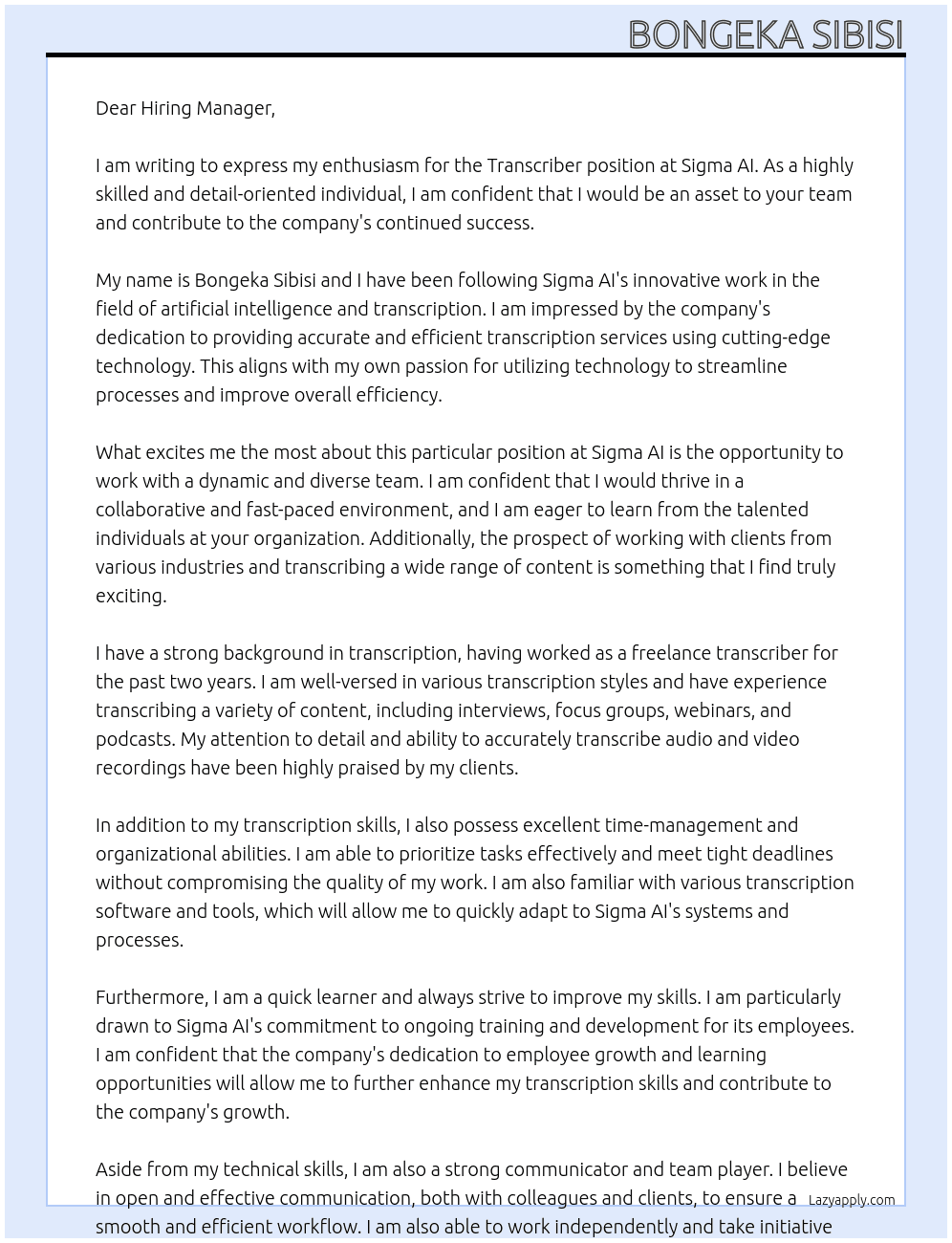 Transcriber At Sigma AI Cover Letter