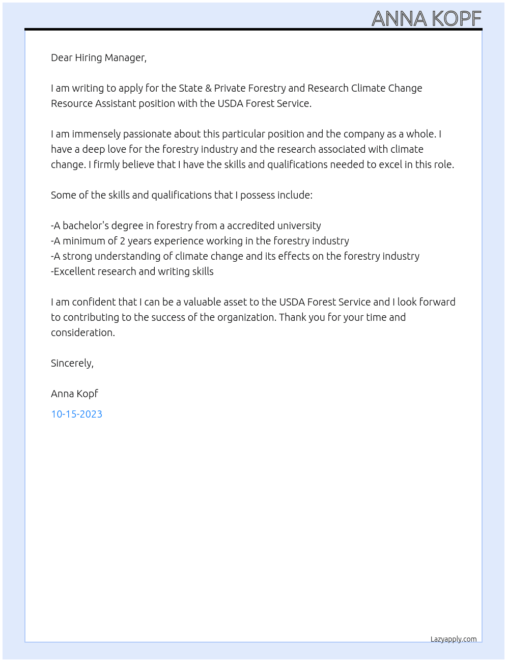 State & Private Forestry and Research Climate Change Resource Assistant At USDA Forest Service Cover Letter