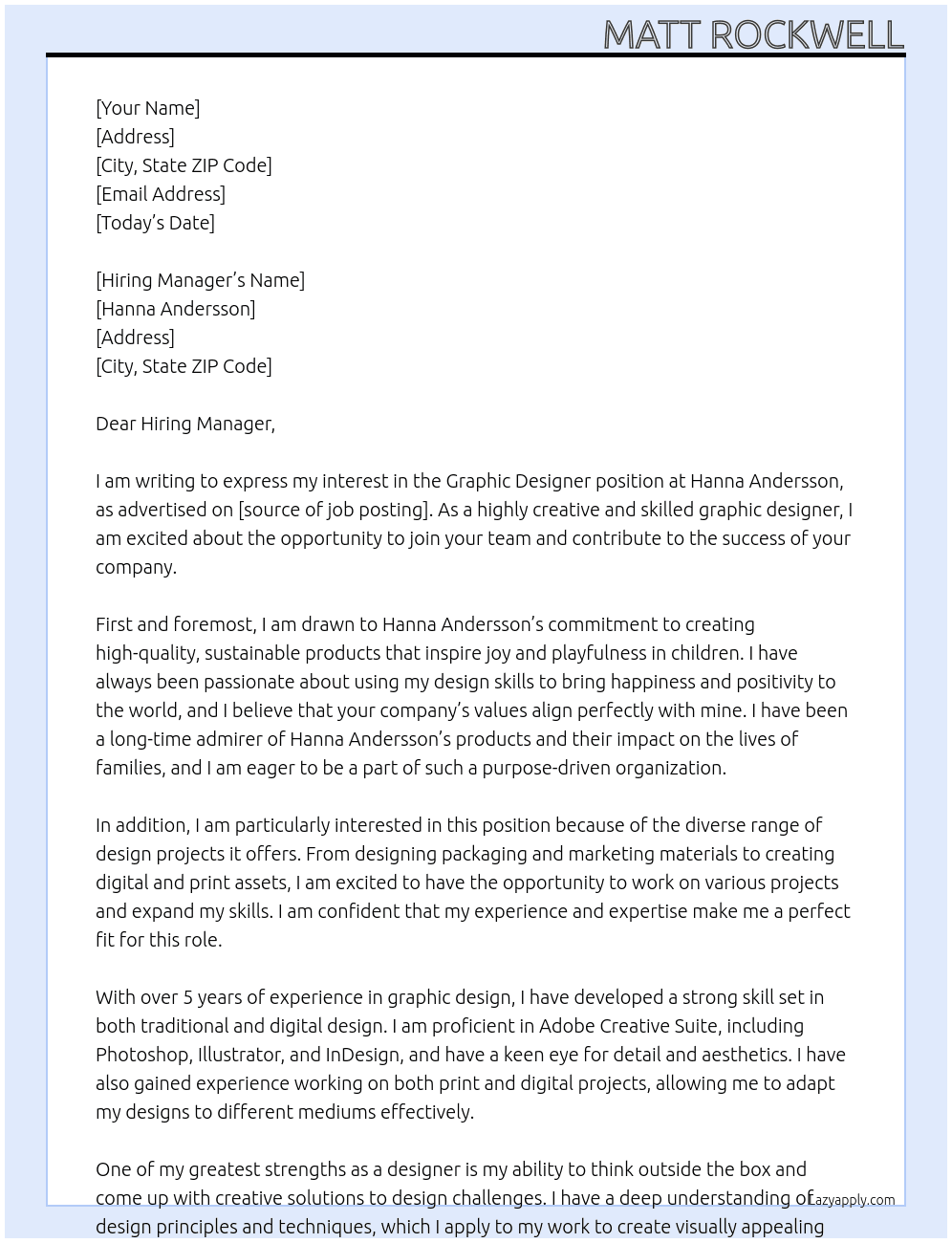 Graphic Designer At Hanna Andersson Cover Letter
