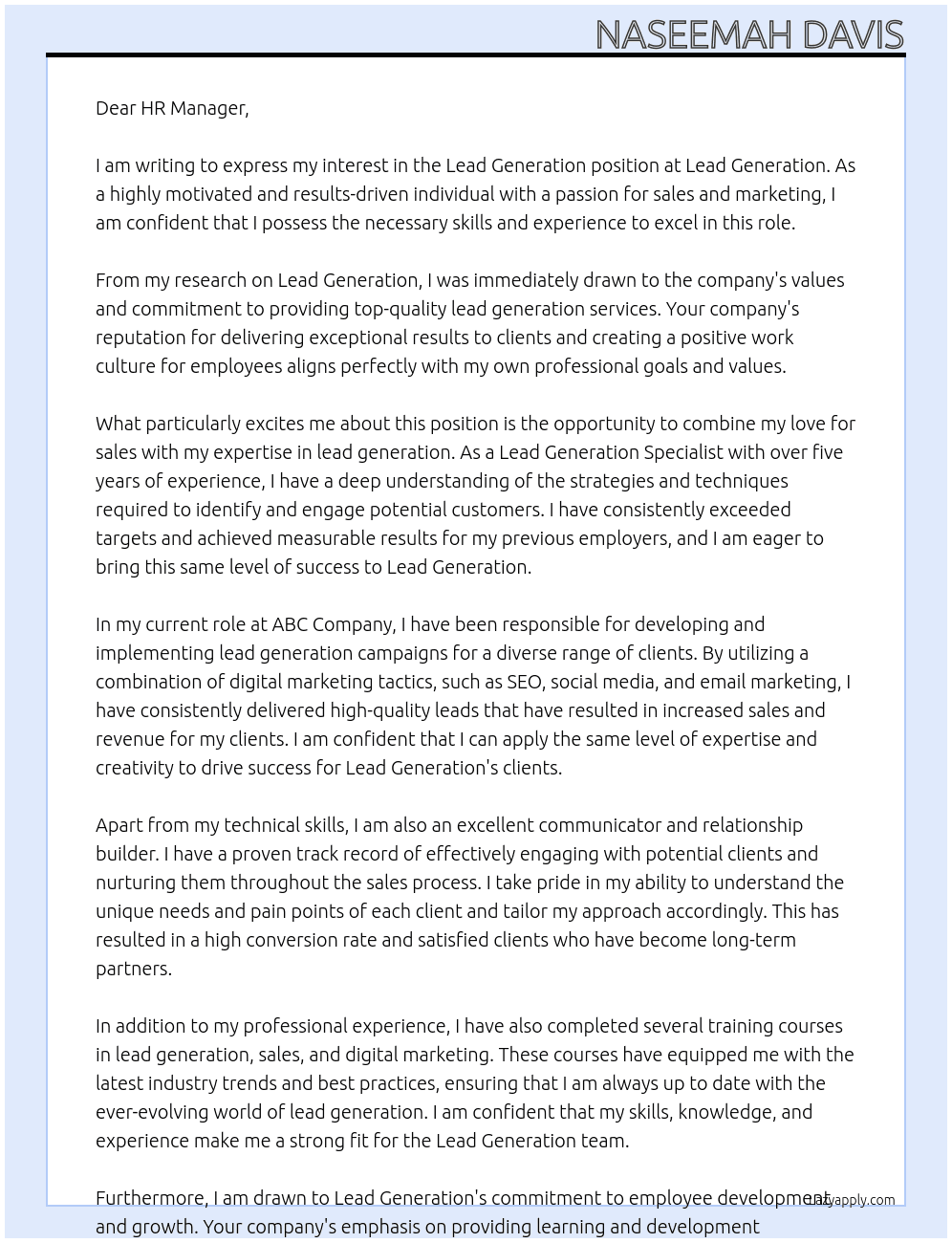 Lead generation At Lead generation Cover Letter