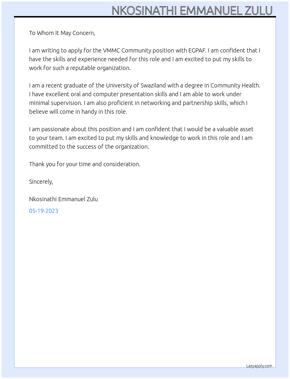 VMMC Community  At EGPAF  Cover Letter