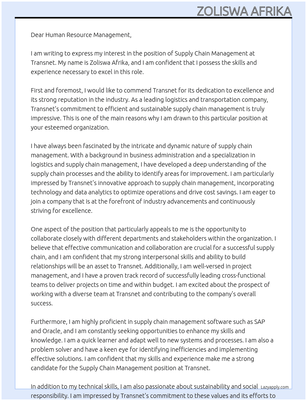 Supply chain management At Transnet Cover Letter