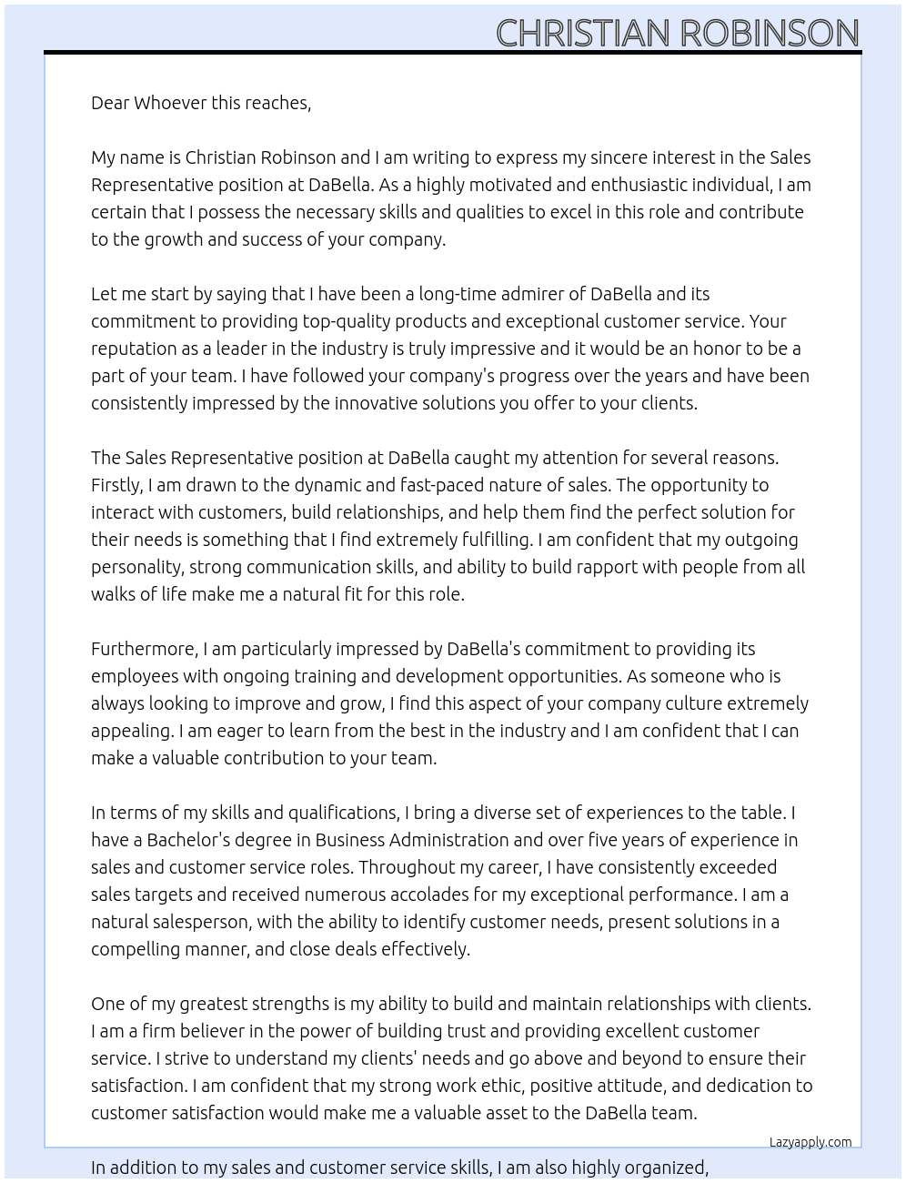 Sales Representative At DaBella Cover Letter