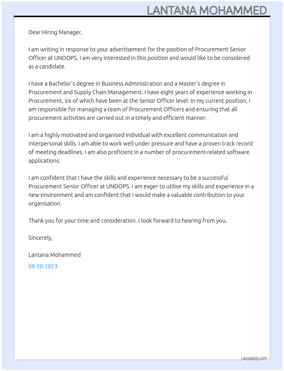 PROCUREMENT SENIOR OFFICER  At UNDOPS Cover Letter