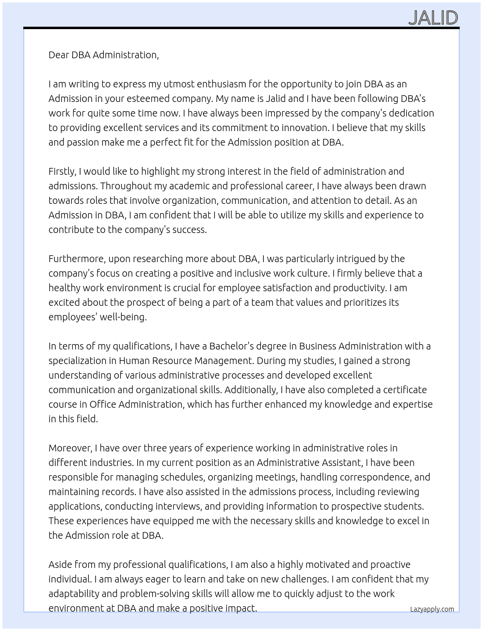 Admission in DBA At DBA Cover Letter