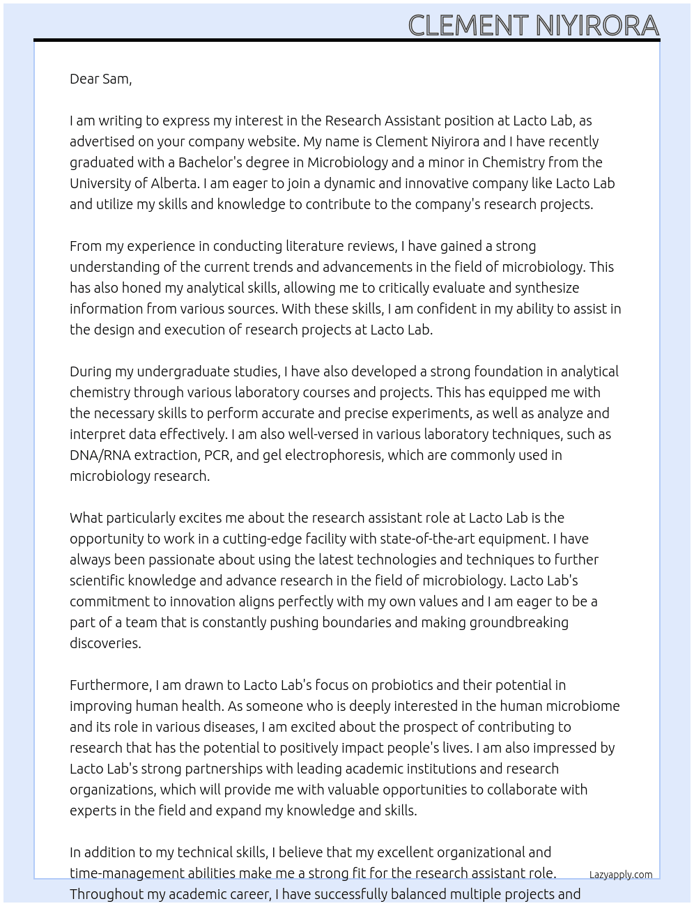 Research Assistant At Lacto Lab Cover Letter
