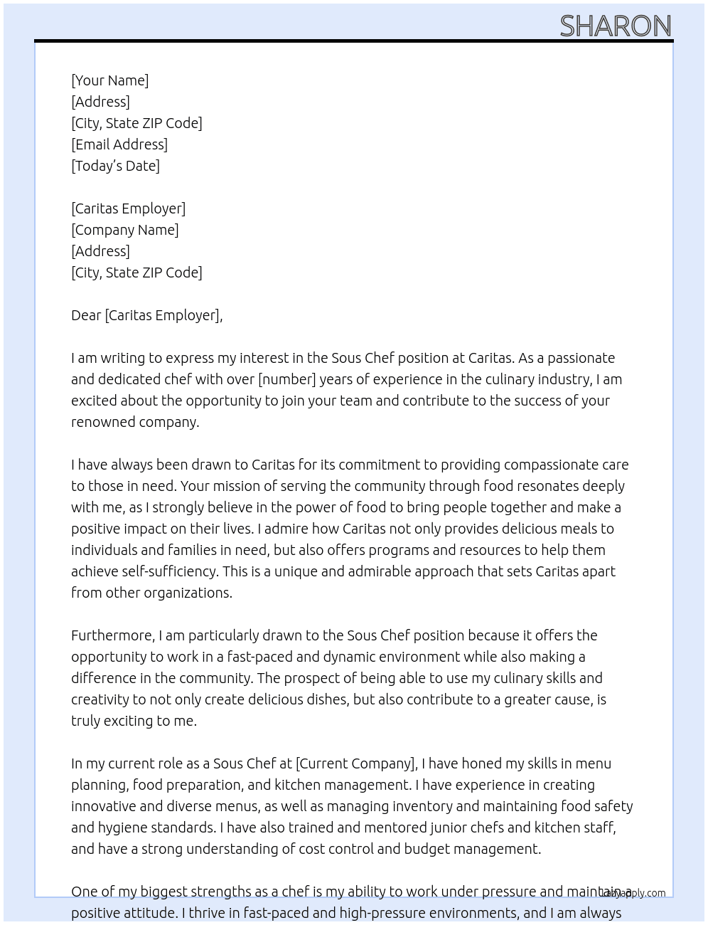 SOus chef At Caritas Cover Letter