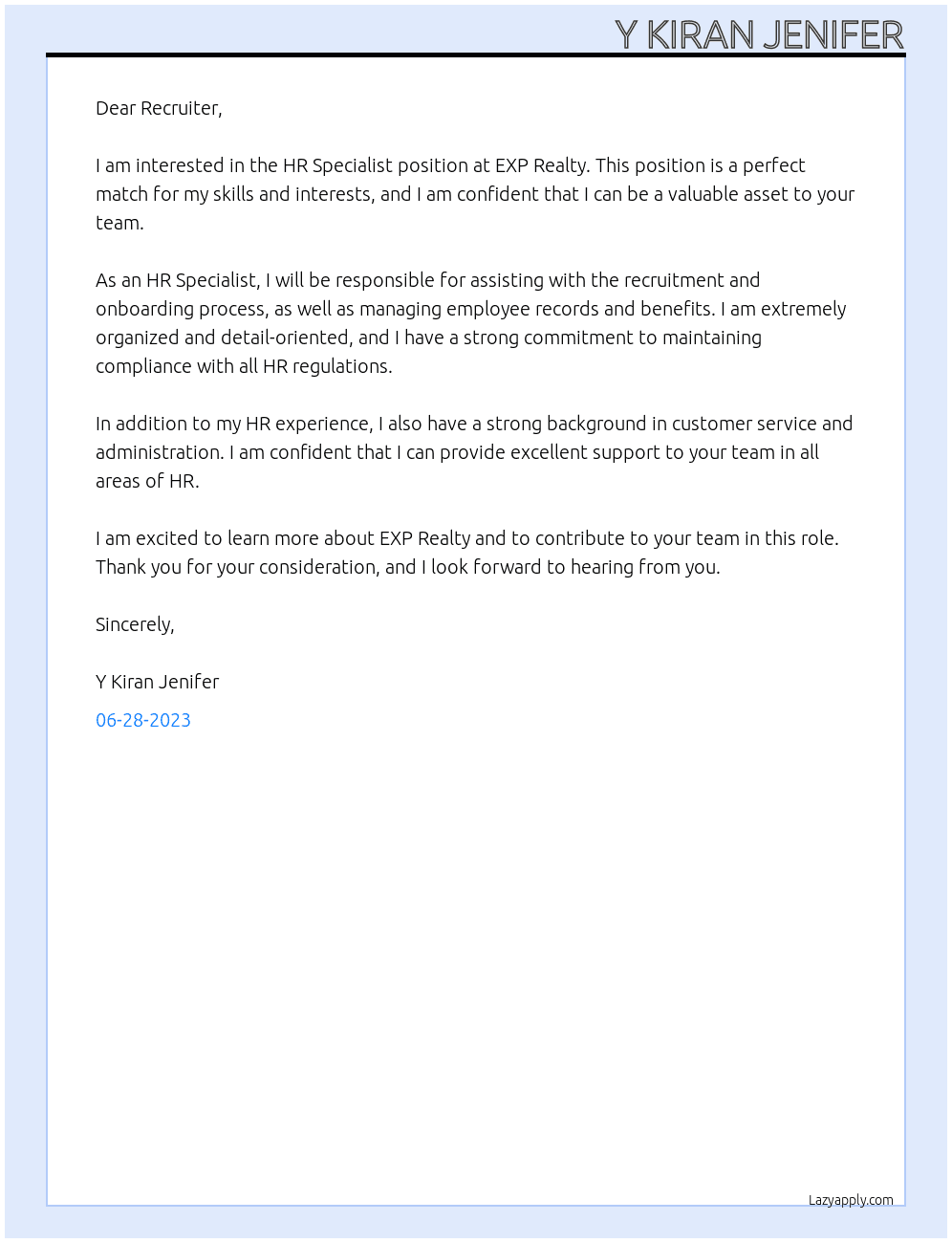 HR Specialist At EXP REALTY Cover Letter