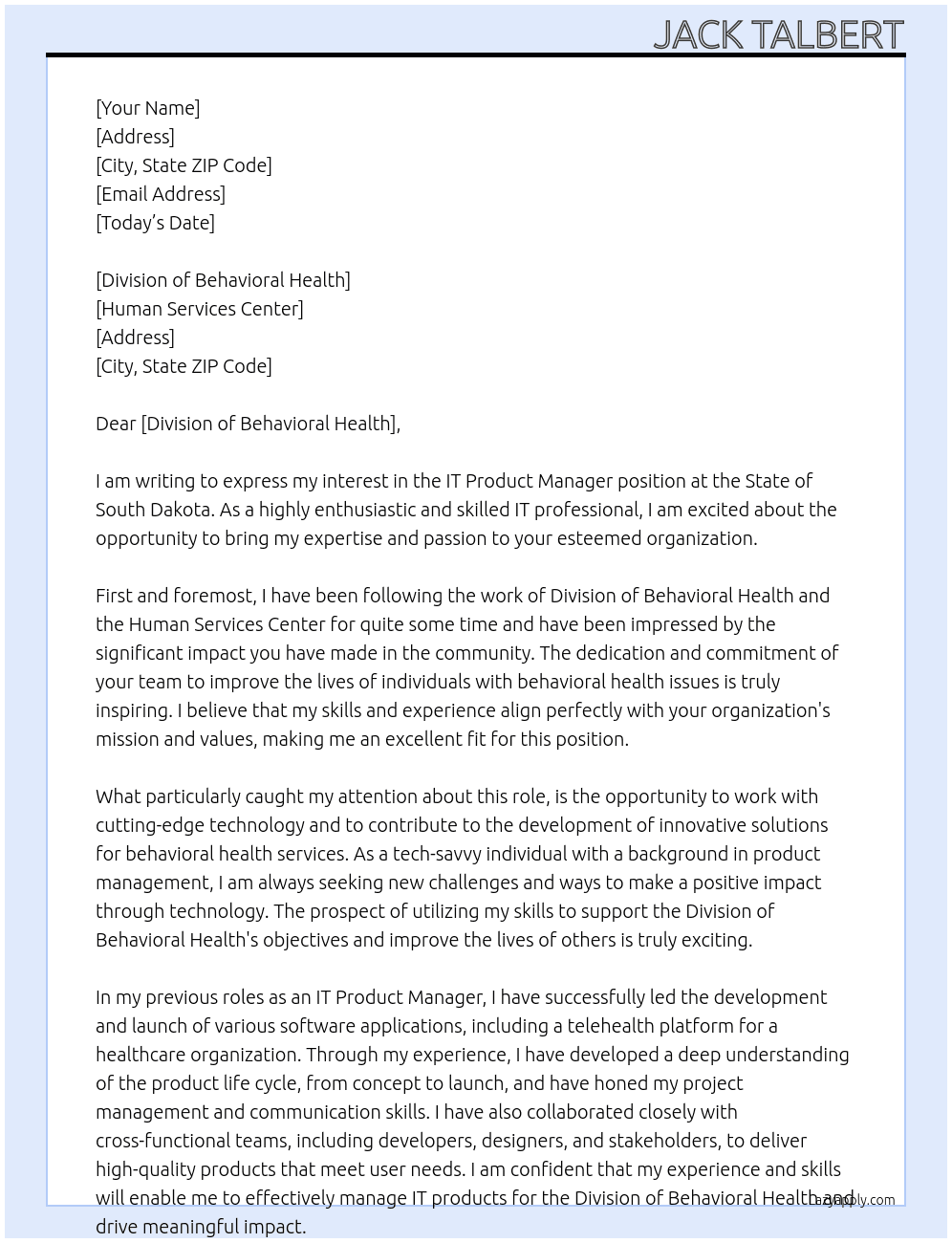 IT Product Manager At State of South Dakota Cover Letter