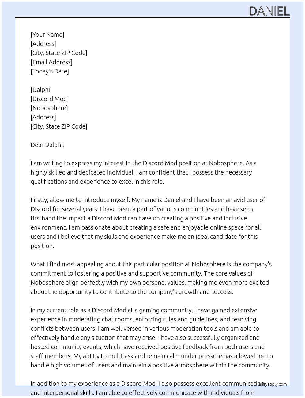 Discord mod At Nobosphere Cover Letter
