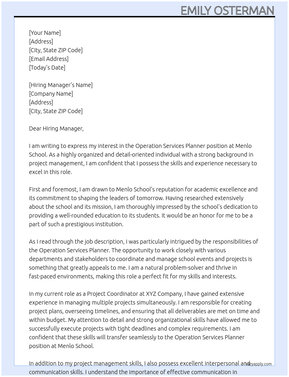 Operation Services Planner At Menlo School Cover Letter