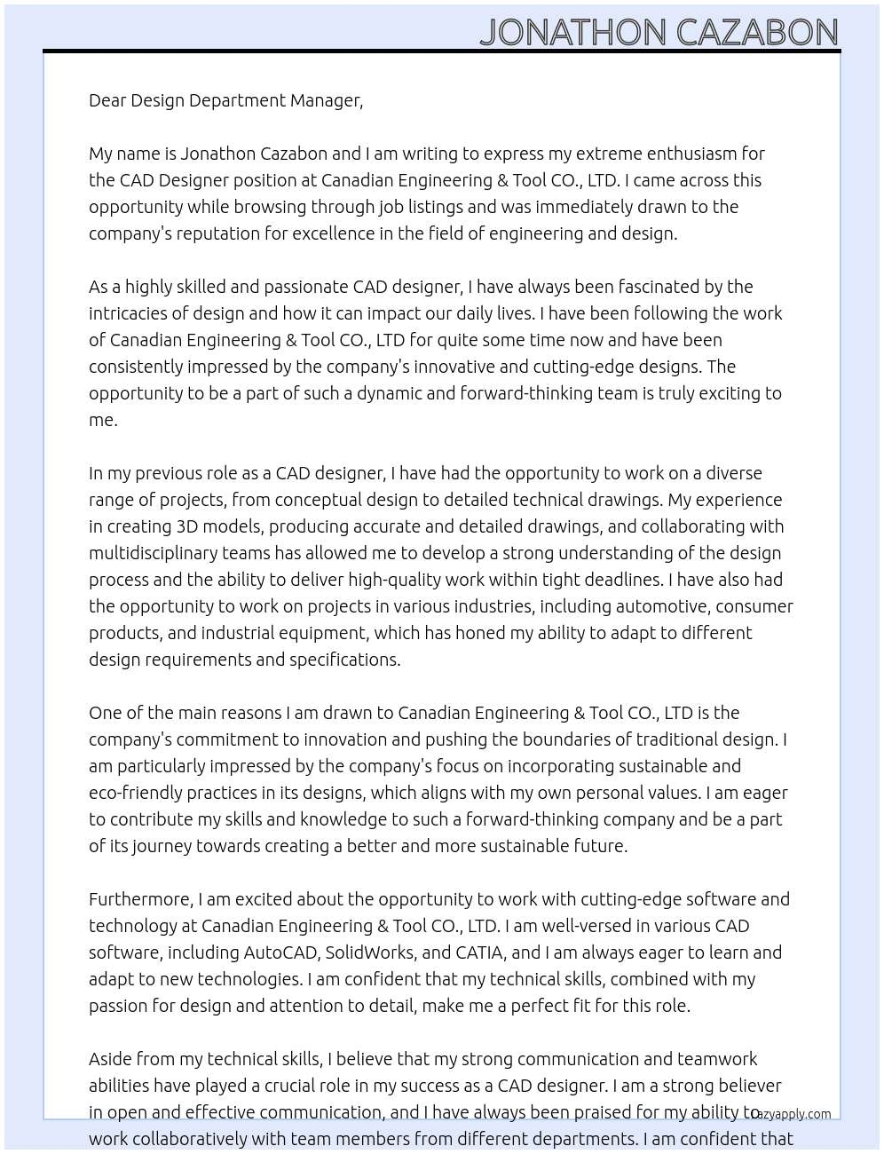 CAD Designer At Canadian Engineering & Tool CO., LTD Cover Letter