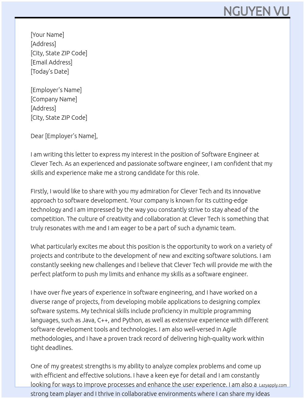 Software Engineer At Clever Tech Cover Letter