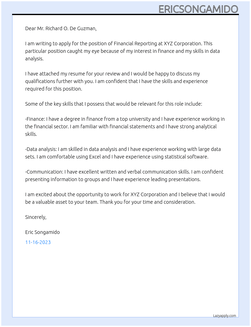  Financial Reporting At XYZ Corporation, Cover Letter