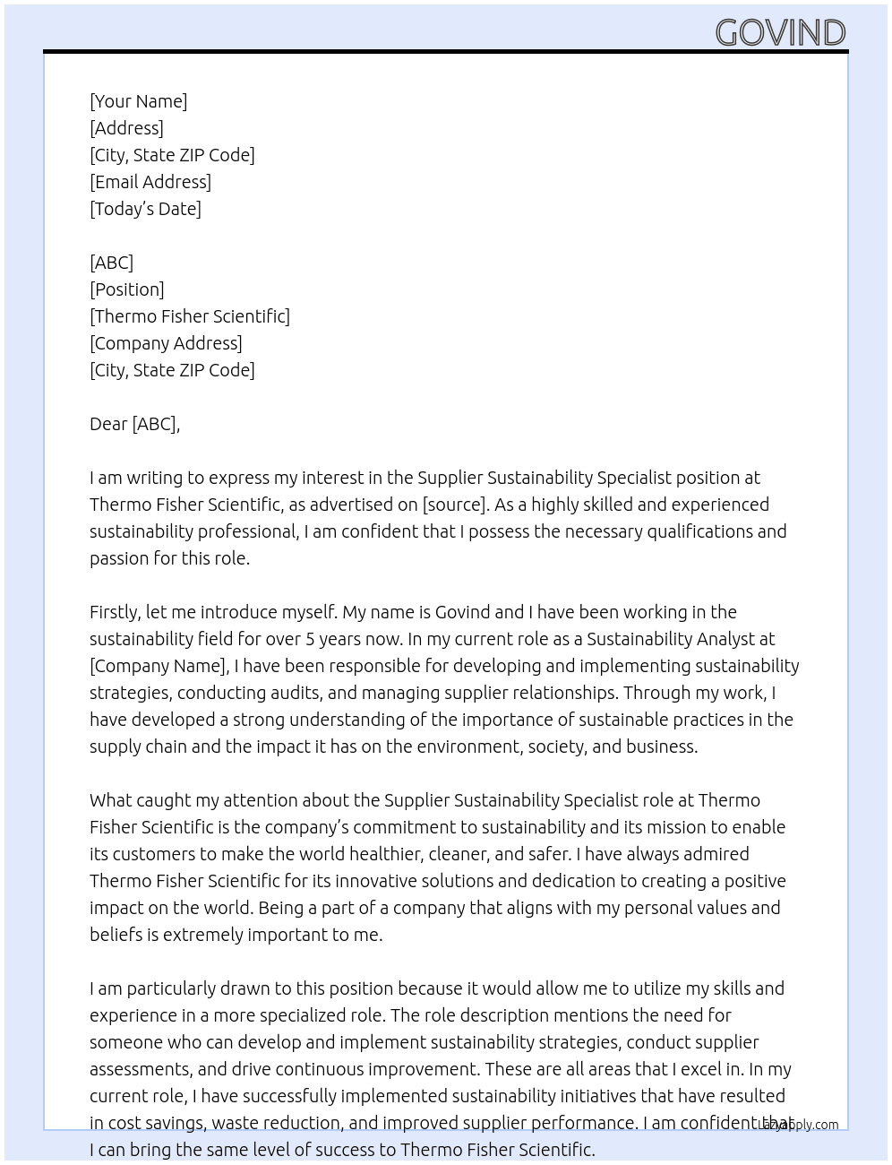 Supplier Sustainability Specialist At Thermo Fisher Scientific Cover Letter