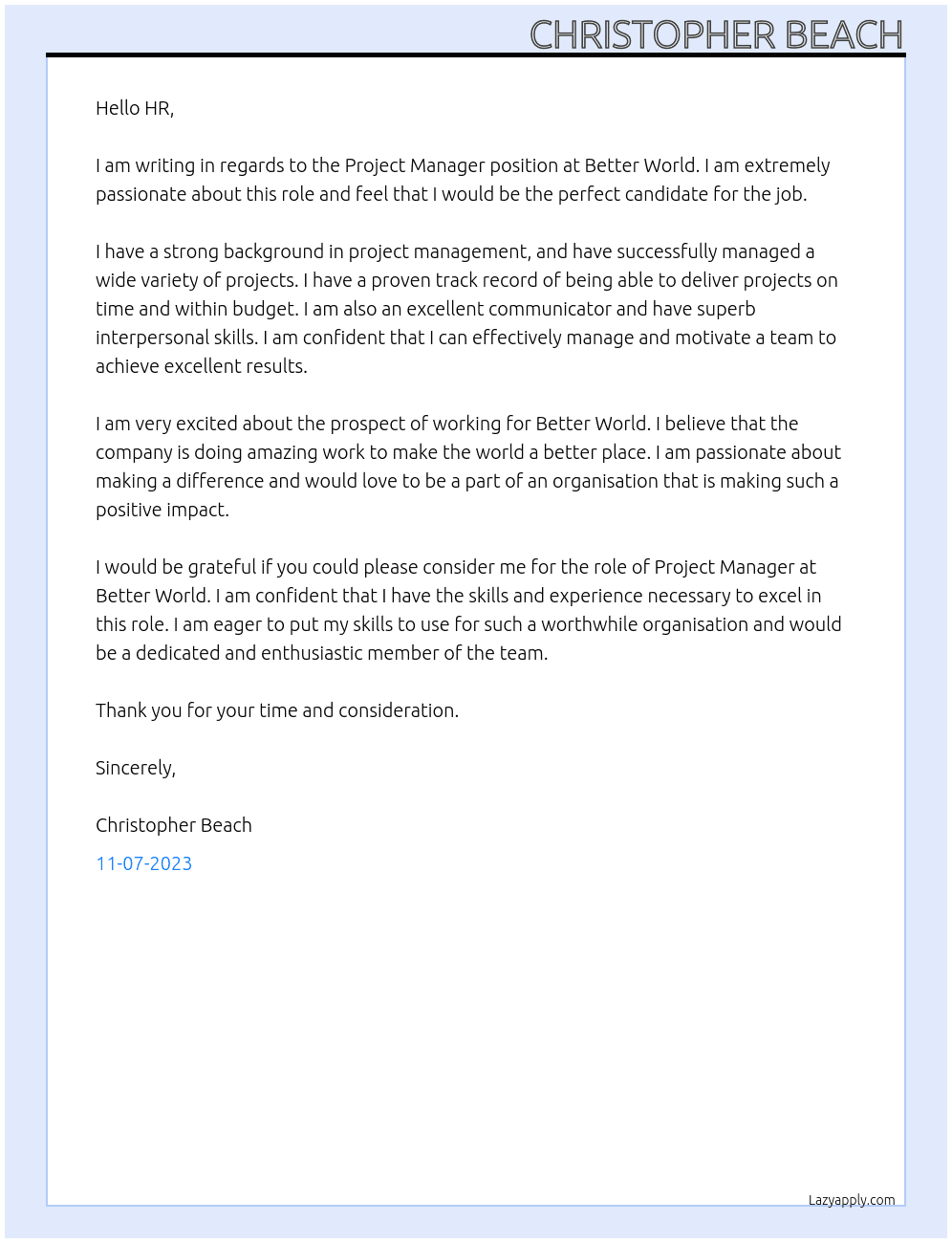 Project Manager  At Better World  Cover Letter