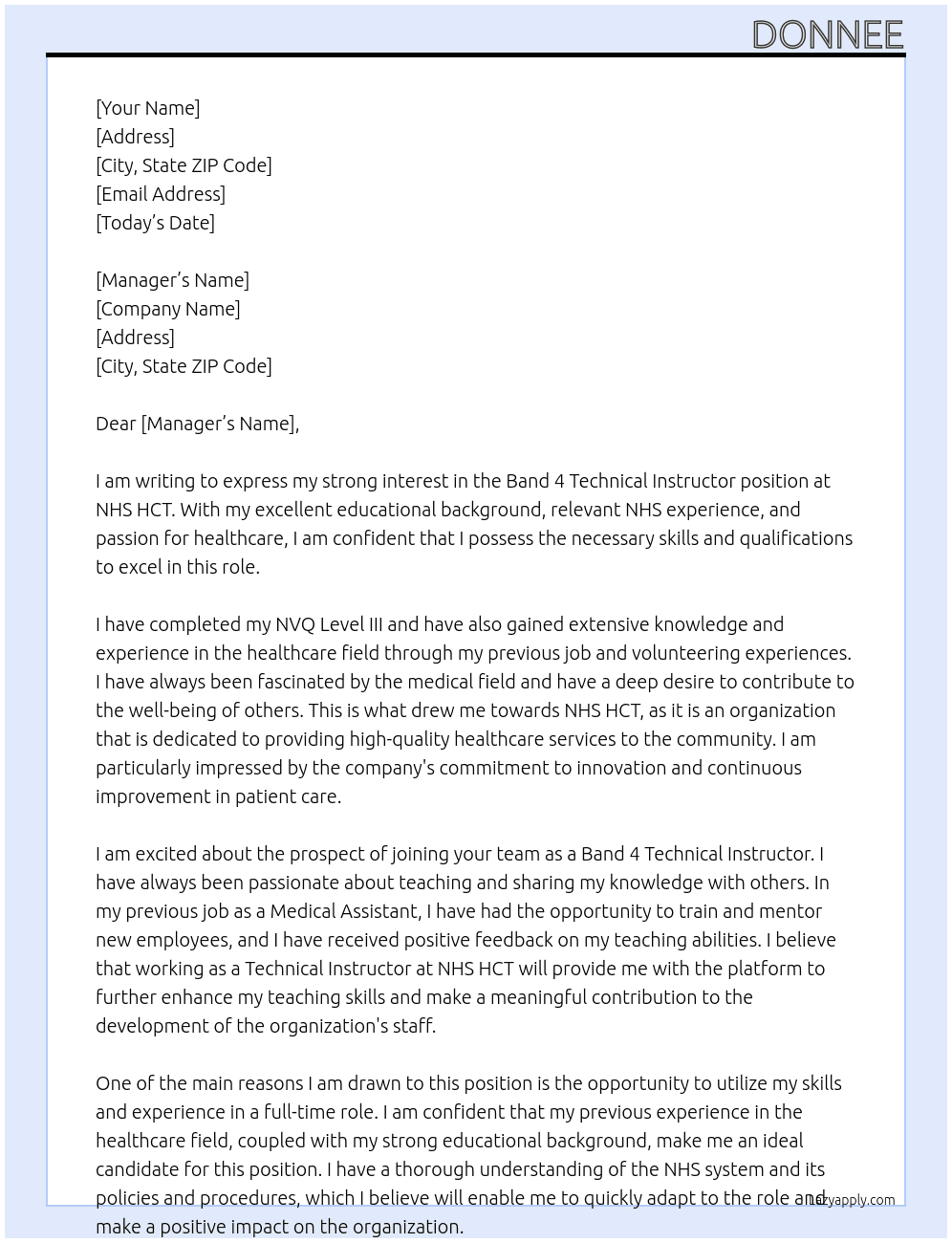 Band 4 Techinical instructor At NHS HCT Cover Letter