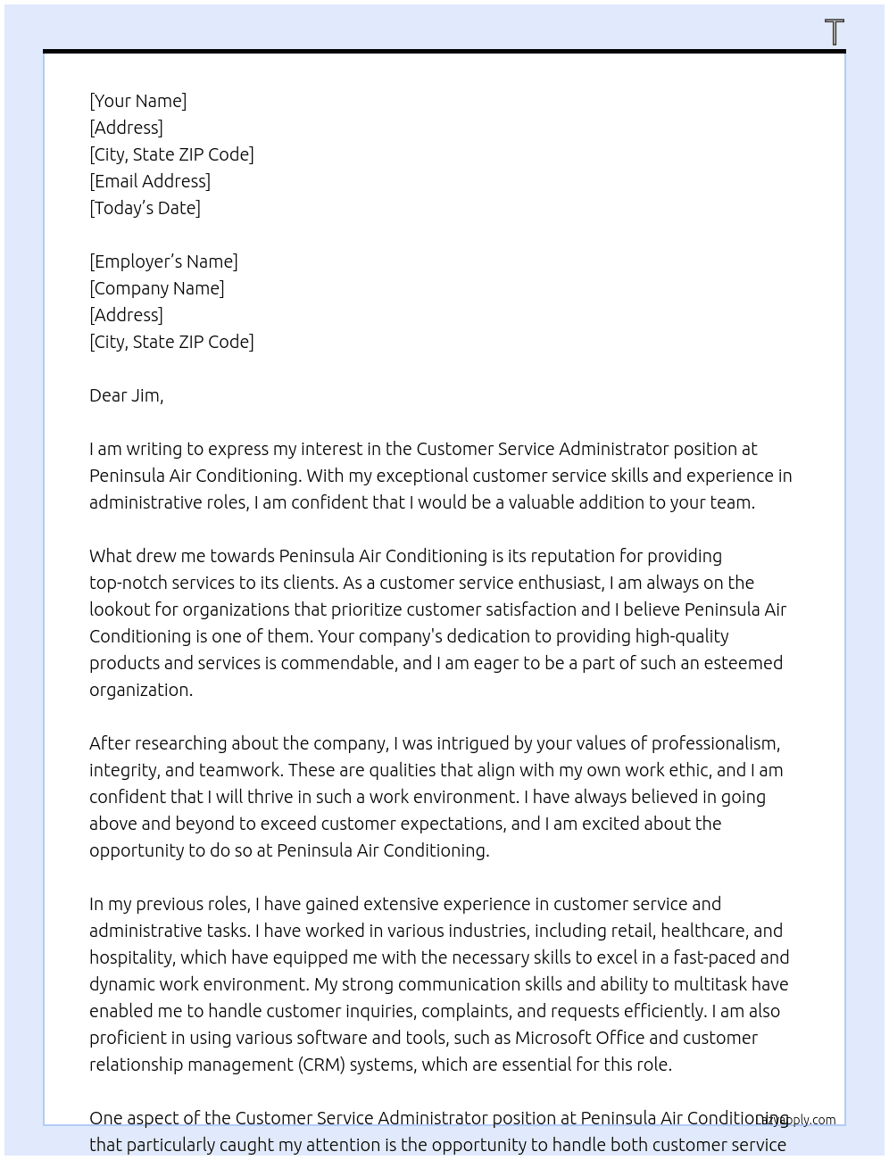 Customer Service Administrator At Peninsula Air Conditioning Cover Letter