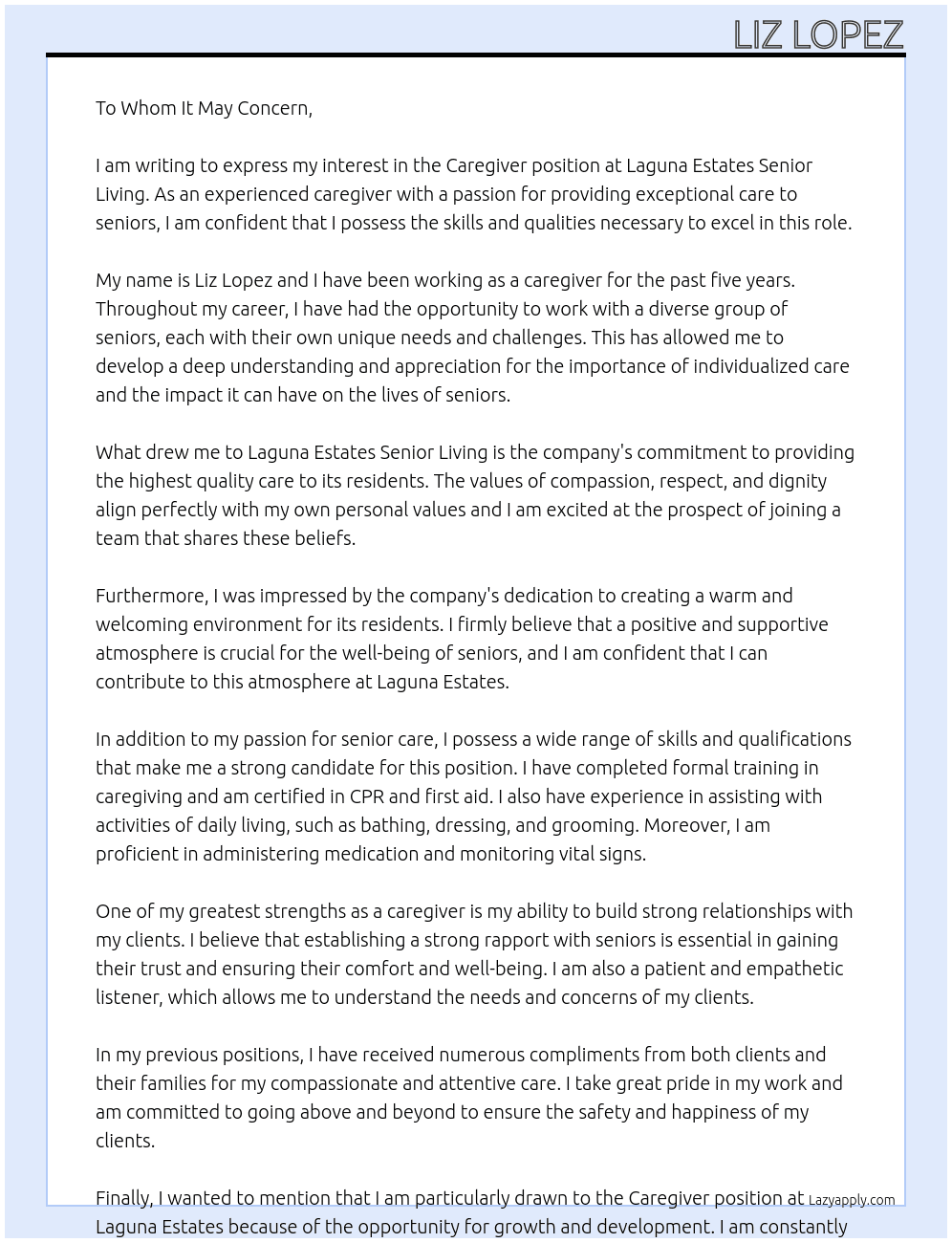 Caregiver At Laguna Estates Senior Living Cover Letter