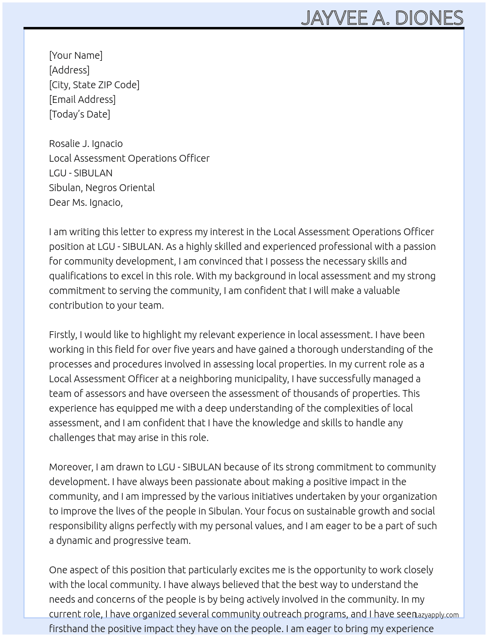 Local Assessment Operations Officer At LGU - SIBULAN Cover Letter