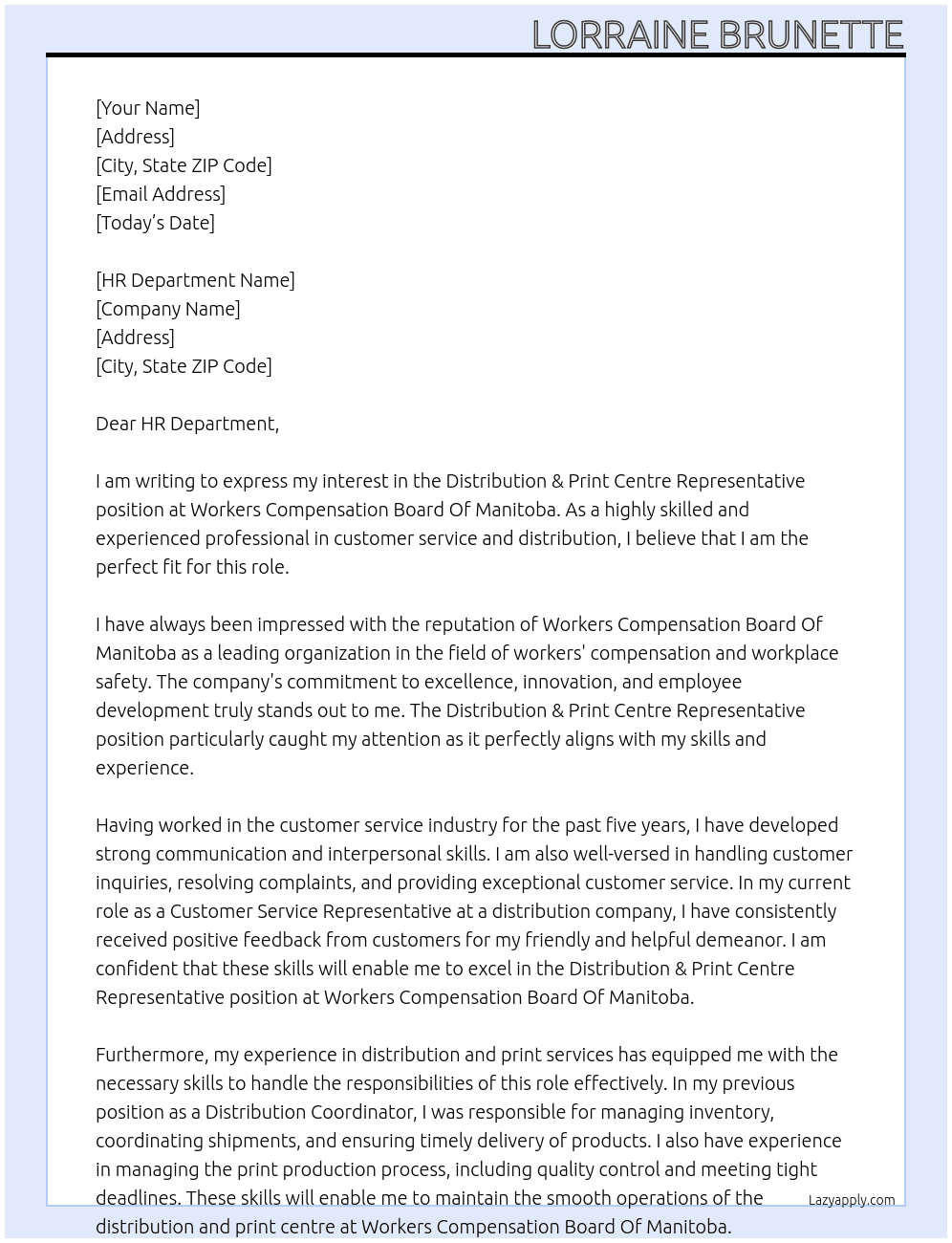 Distribution & Print Centre Representative At Workers Compensation Board Of Manitoba Cover Letter