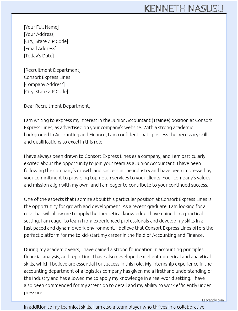 Junior Accountant (Trainee) At Consort Express Lines Cover Letter