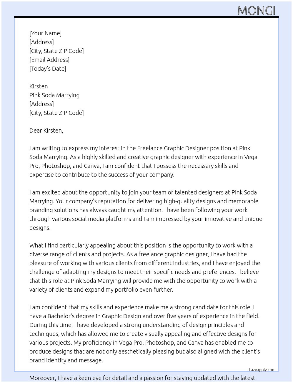 Freelance graphic designer  At Pink soda marrying  Cover Letter