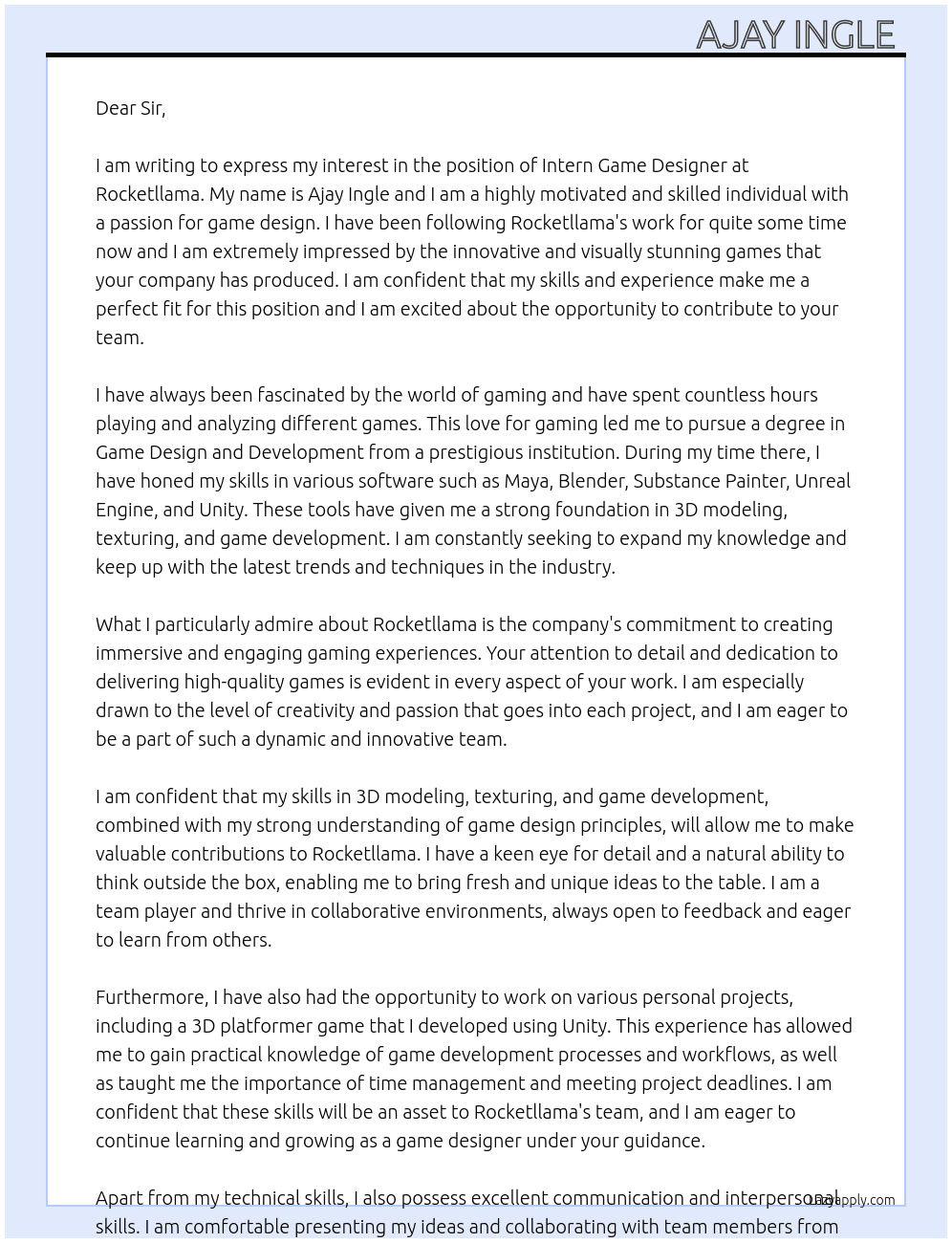Intern game designer  At Rocketllama Cover Letter