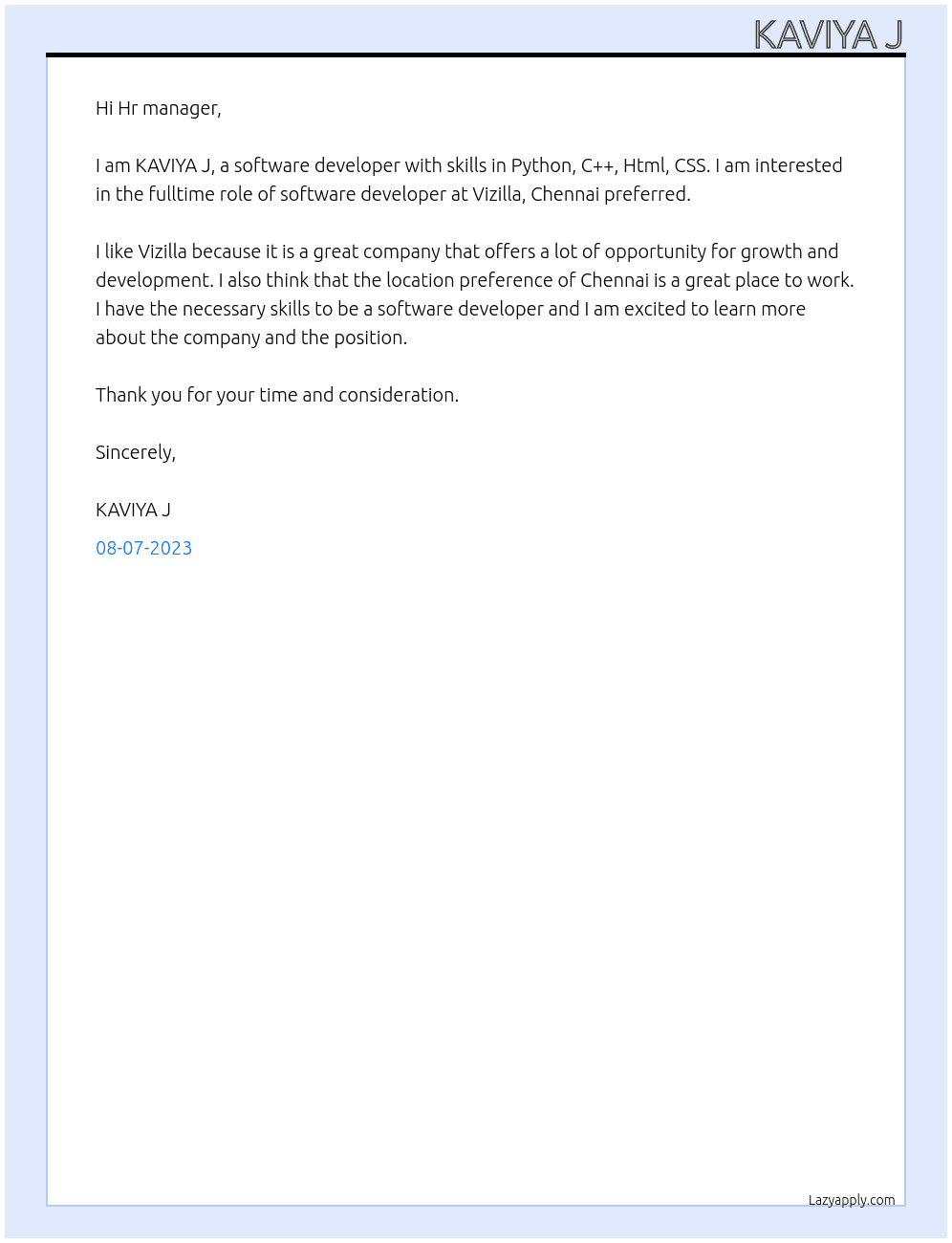 Software developer At Vizilla Cover Letter