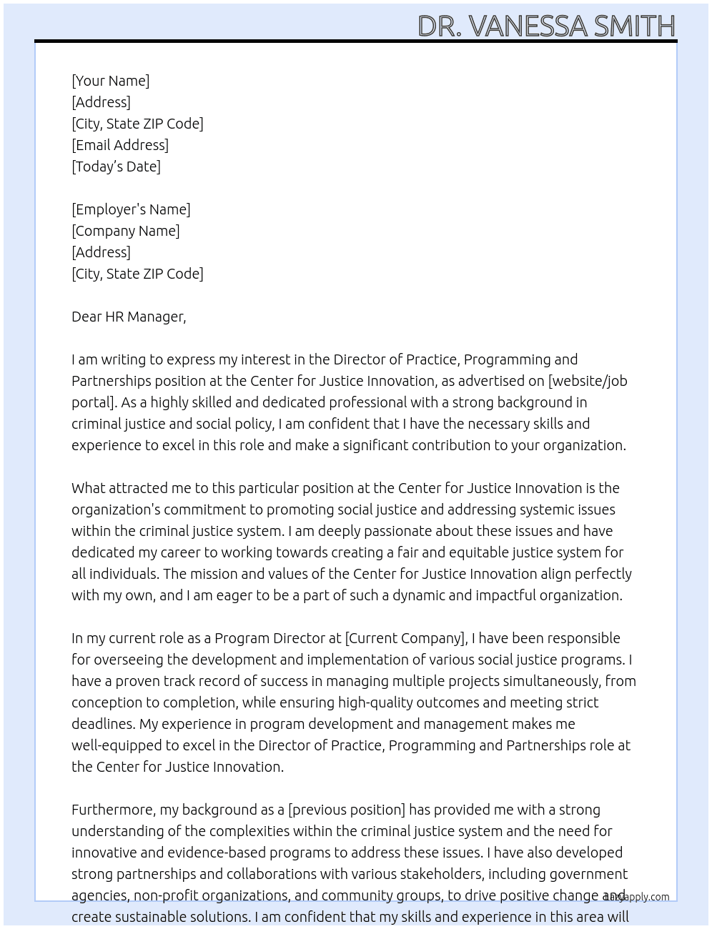 Director of Practice, Programming and Partnerships At Center for Justice Innovation  Cover Letter