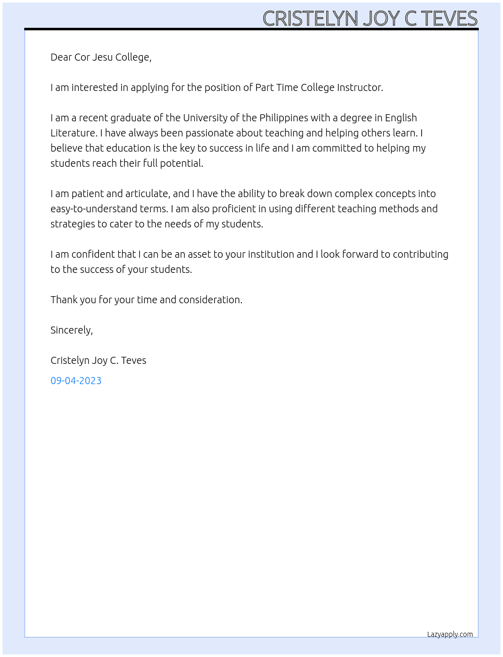 Part Time College Instructor At Cor Jesu College Cover Letter