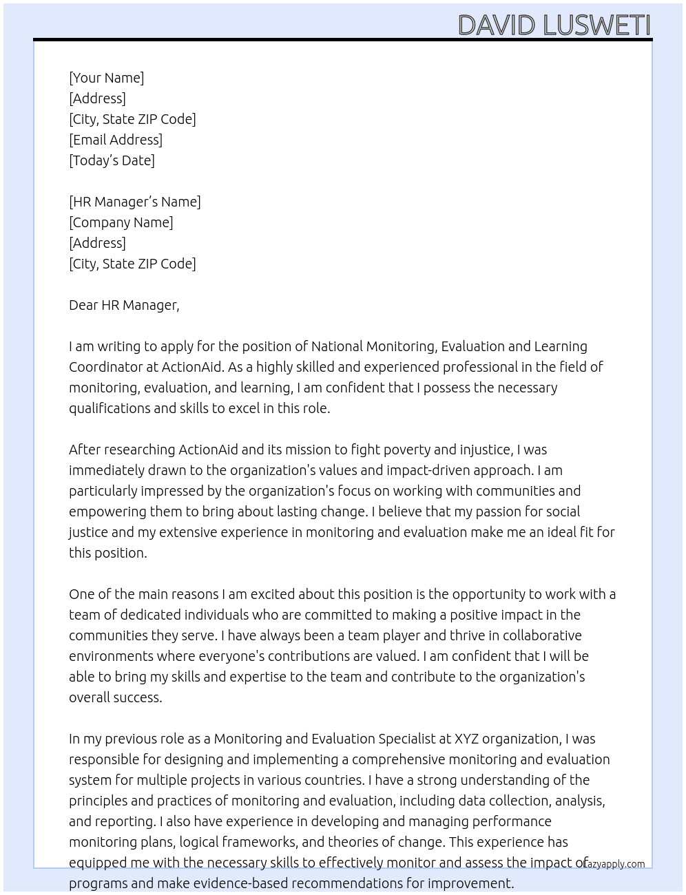 National Monitoring, Evaluation and Learning Coordinator At ActionAid Cover Letter