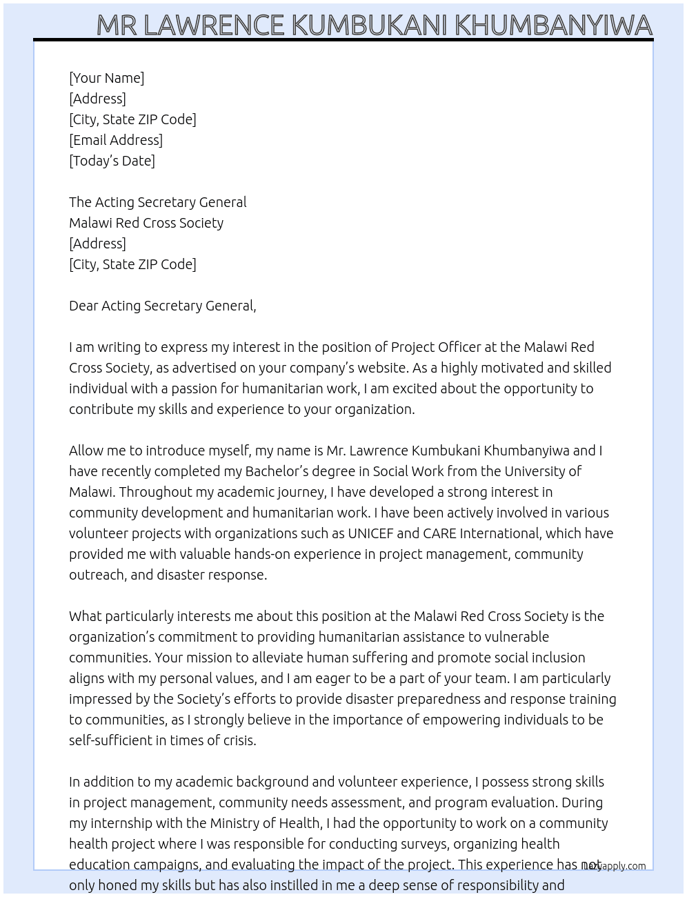 APPLICATION FOR THE POST OF PROJECT OFFICER At MALAWI RED CROSS SOCIETY Cover Letter
