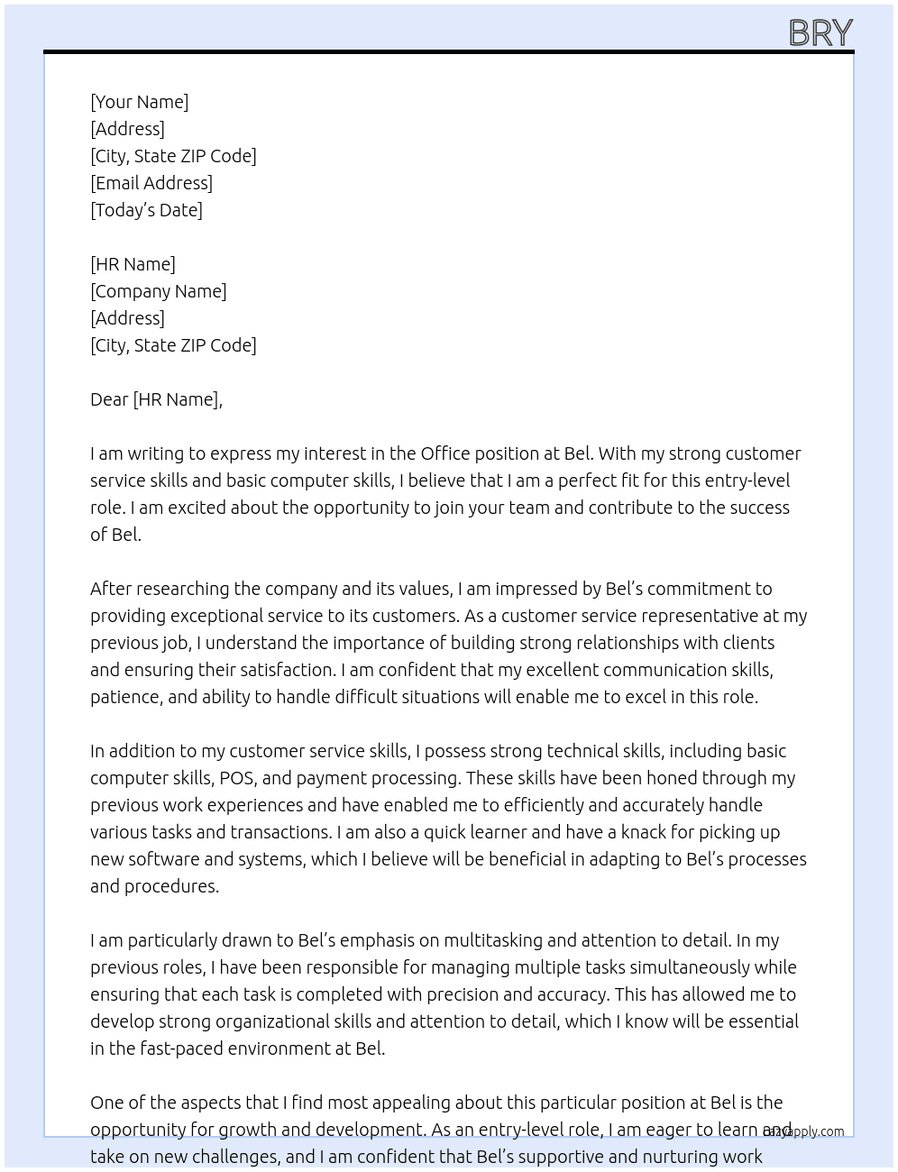Office  At Bel Cover Letter