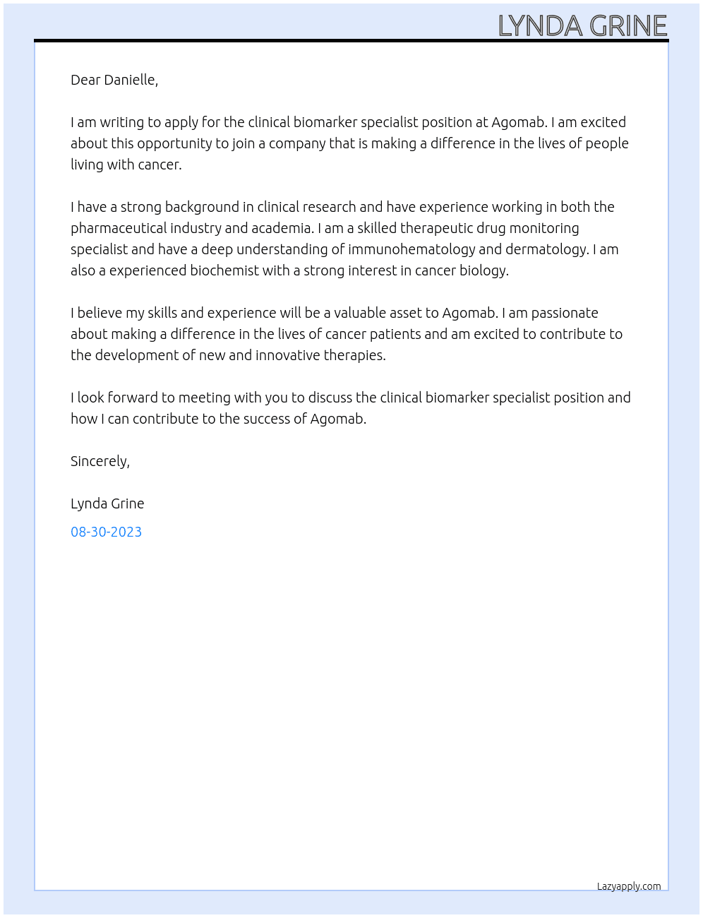 clinical biomarker specialist At Agomab Cover Letter