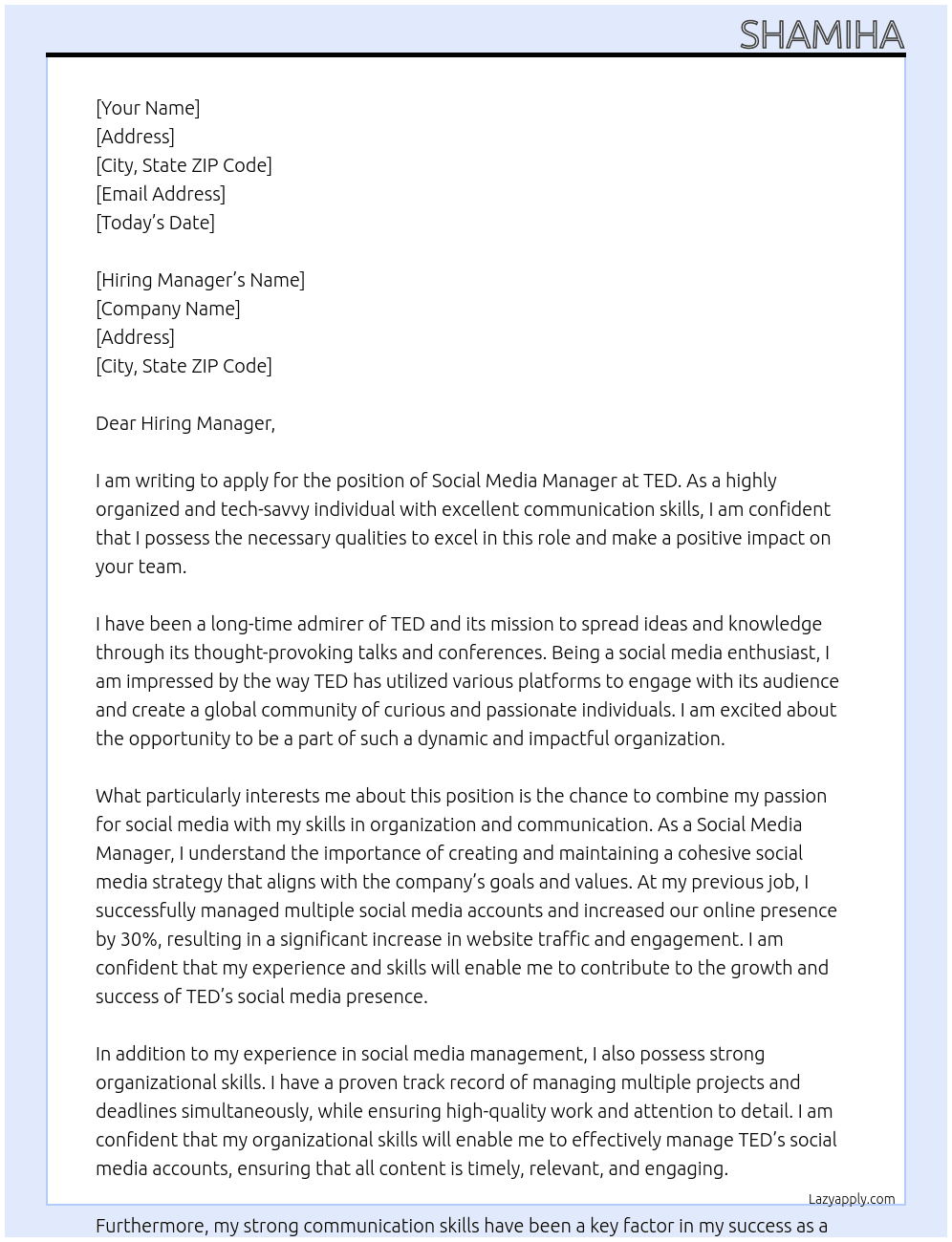 Social Media Manager At TED Cover Letter